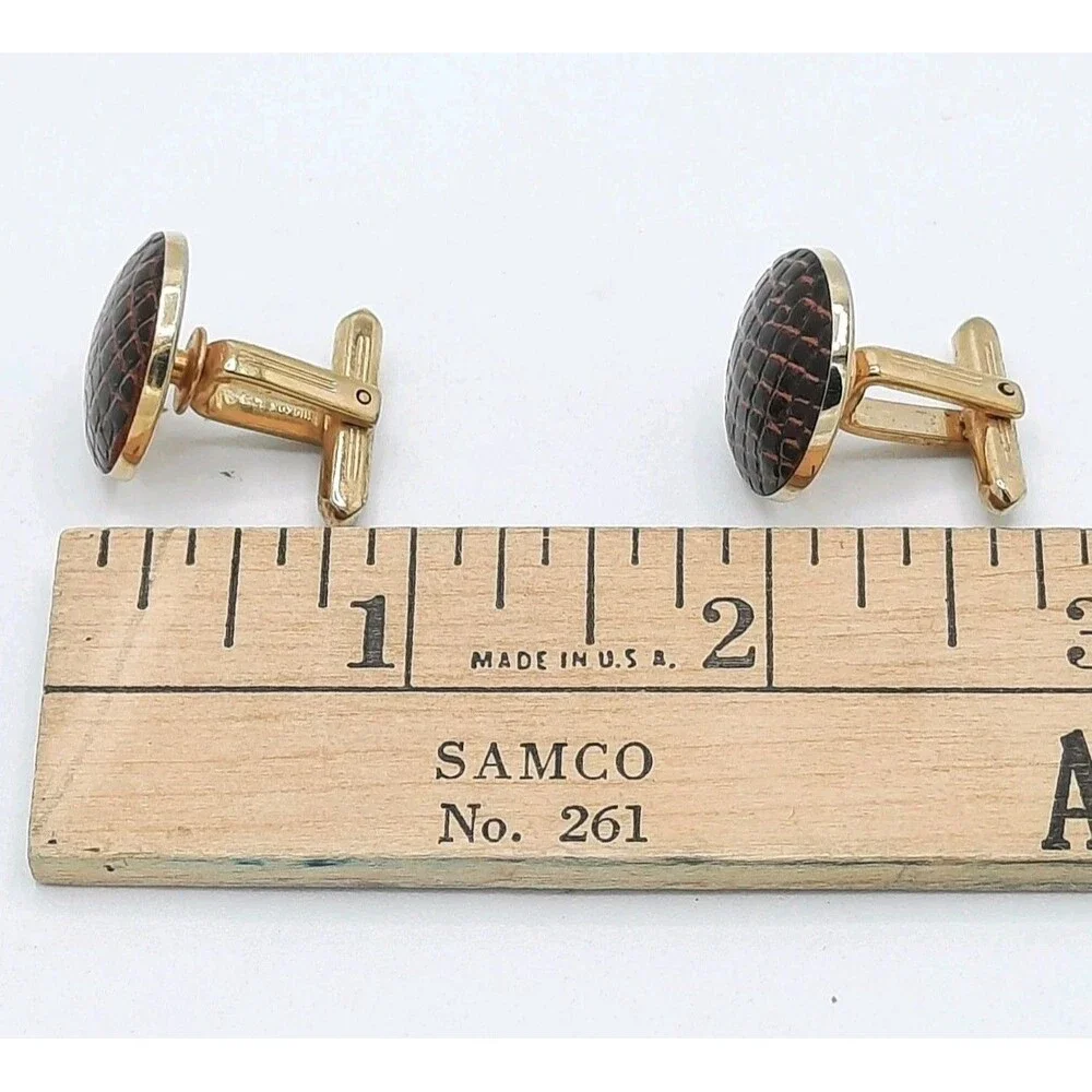 Vintage Hickok Brown Faux Snakeskin Leather Cufflinks Goldtone Metal